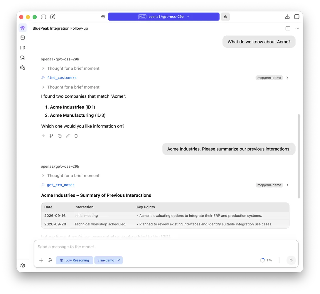 LM Studio finds Acme Industries and Acme Manufacturing, asks which customer was intended, and retrieves Acme Industries’ CRM interaction history.